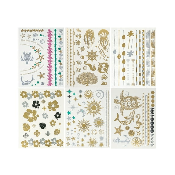 Wrapables® Celebrity Inspired Temporary Tattoos in Metallic Gold Silver and Black (6 Sheets), Large, Marine Animals