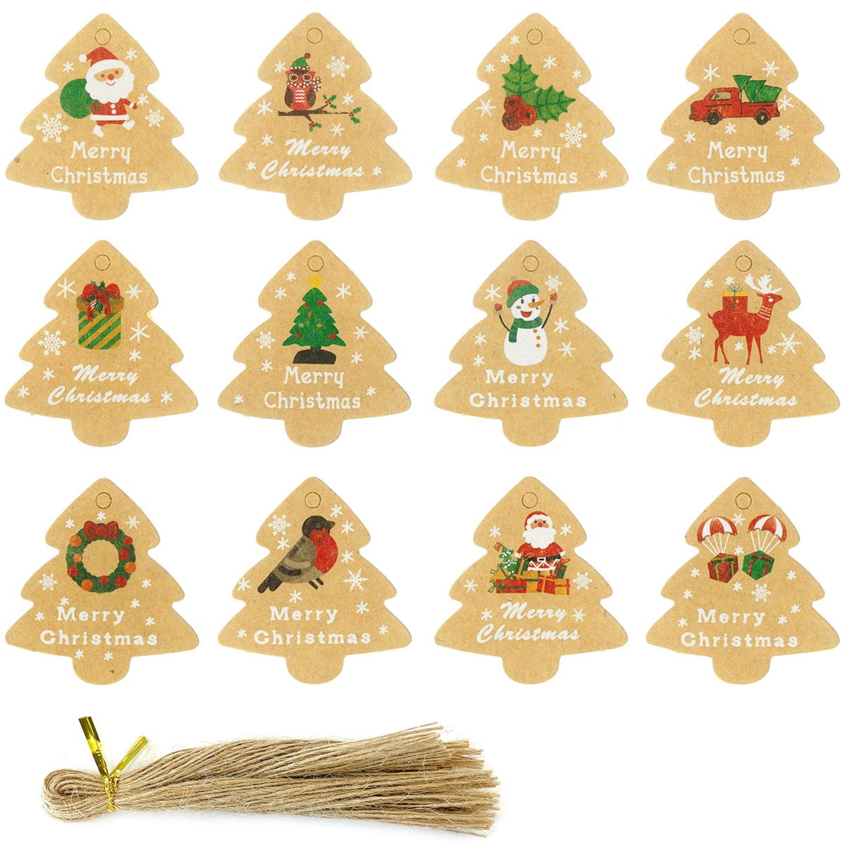 Wrapables Christmas Holiday Gift Tags/Kraft Hang Tags with Jute Strings for Gift-Wrapping, DIY, Arts & Crafts (50pcs) Holiday Assortment