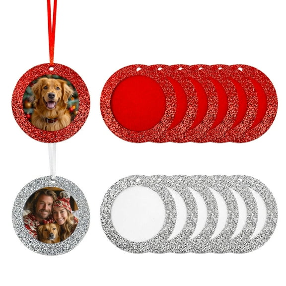 Wrapables Christmas Holiday Glittery Felt Photo Frame Ornaments (Set of 12), Red and Silver Circle
