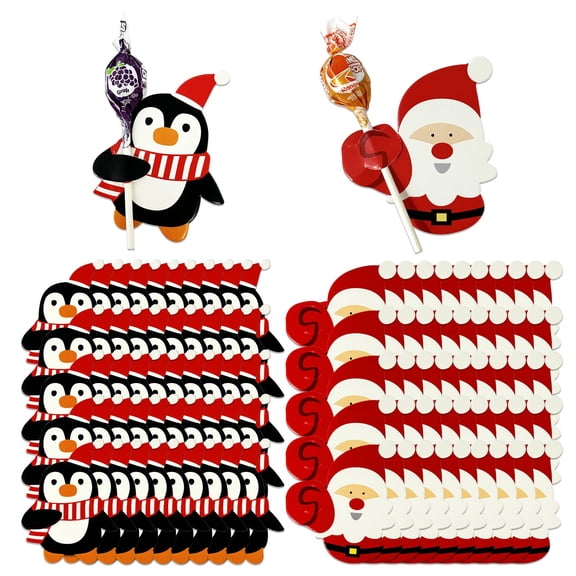 Wrapables Christmas Lollipop Paper Card Candy Holders, Santa and Penguin Party Supplies, Decorations, Party Favors (100pcs)