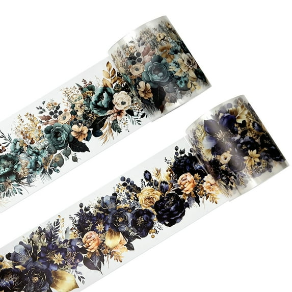 Wrapables Classic Floral PET Washi Tape for Scrapbooking, Stationery, Journaling, Diary, Card Making (Set of 2), Green and Blue