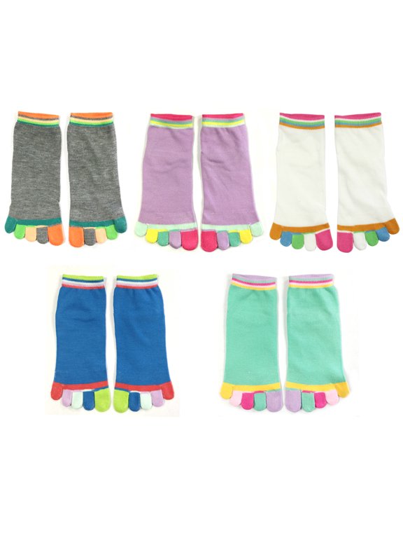 Colorful Five Toe Socks Set of 5, Grey/Purple/White/Blue/Green