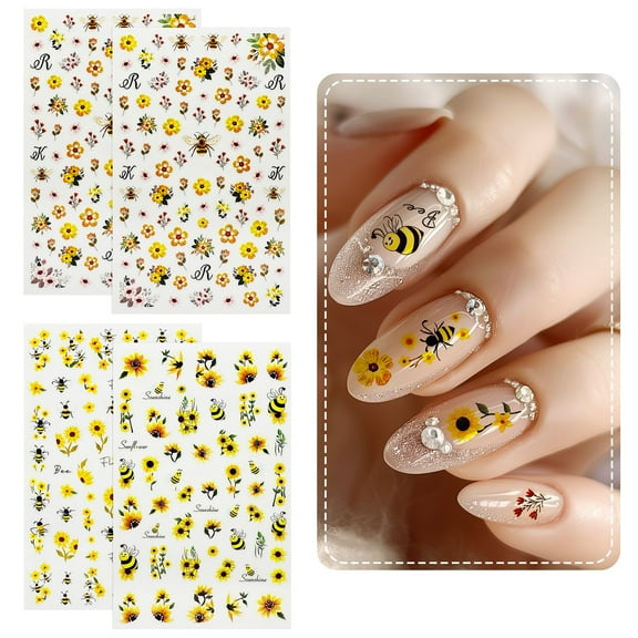 Wrapables Colorful Self Adhesive Nail Art Decal Stickers (Set of 4), Yellow Flowers and Bees