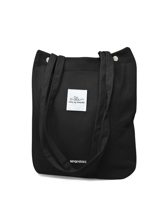 Corduroy Tote Bag, Casual Everyday Shoulder Handbag, Black
