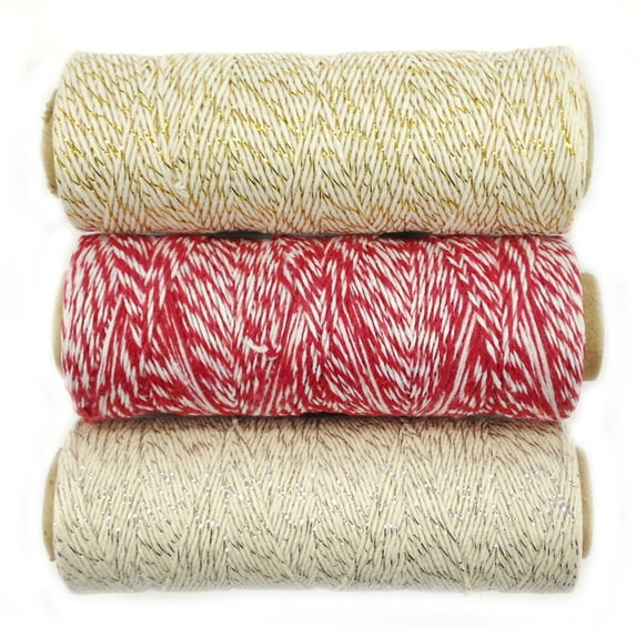 Wrapables® Cotton Baker's Twine 4ply 330 Yards (Set of 3 Spools x 110 Yards) for Gift Wrapping, Party Decor, and Arts and Craft ( Metallic Gold, Red, Metallic Silver)