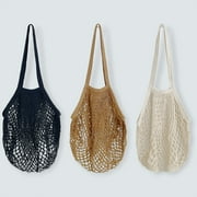 Wrapables Cotton Mesh Net Shopping Bag, Grocery Bag for Vegetables, Produce Set of 3, Black, Brown, Beige