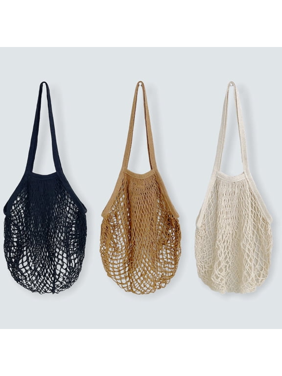 Cotton Mesh Net Shopping Bag, Grocery Bag for Vegetables, Produce (Set of 3), Black, Brown, Beige