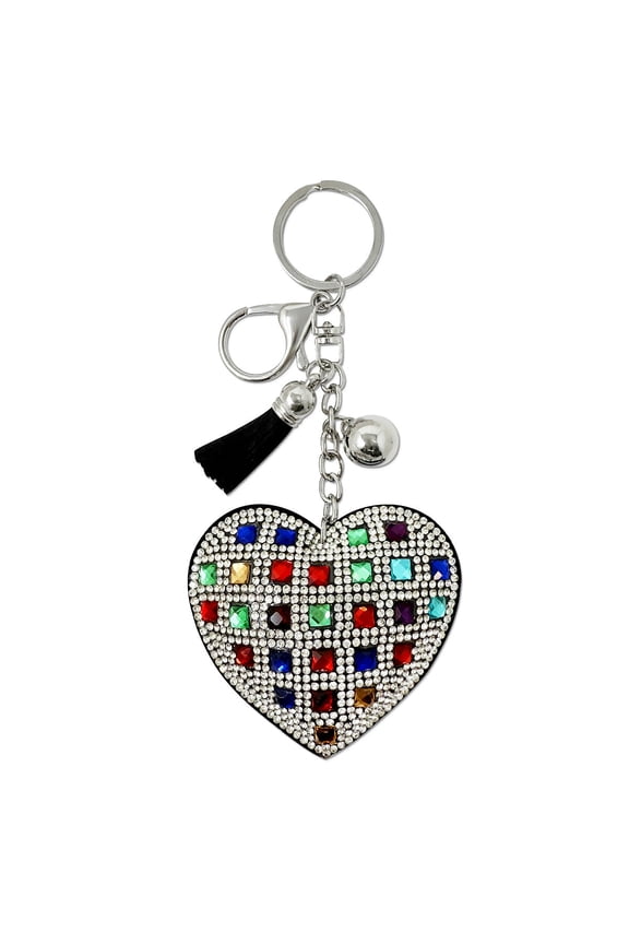 Crystal Bling Key Chain Keyring with Tassel Car Purse Handbag Pendant, Rainbow Heart