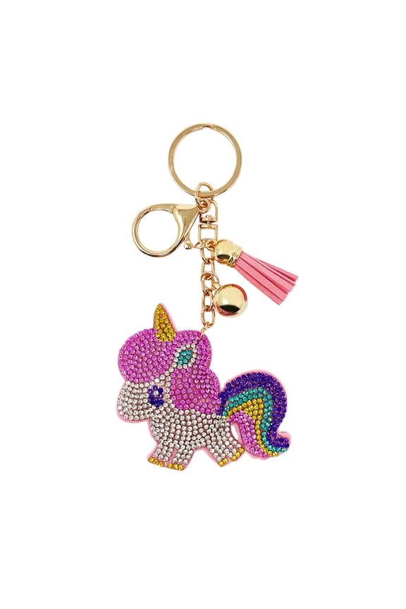 Crystal Bling Key Chain Keyring with Tassel Car Purse Handbag Pendant, Rainbow Unicorn