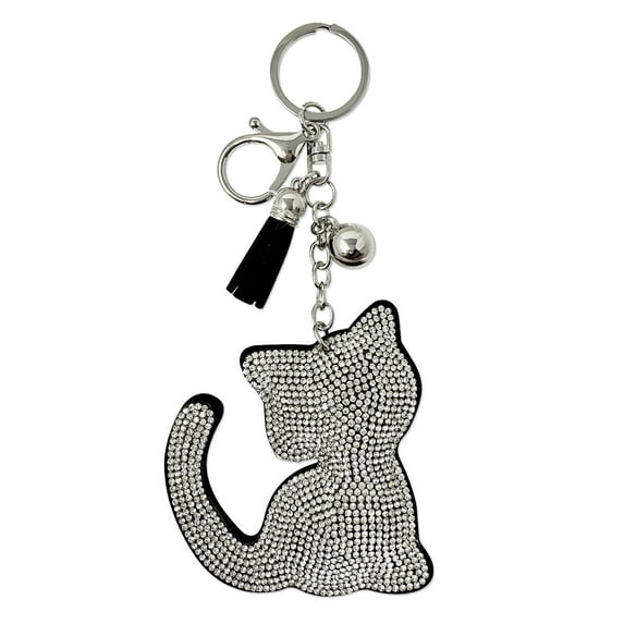 Wrapables Crystal Bling Key Chain Keyring with Tassel Car Purse Handbag Pendant, Silver Feline