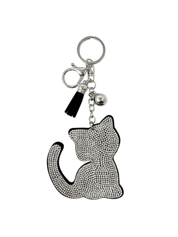 Crystal Bling Key Chain Keyring with Tassel Car Purse Handbag Pendant, Silver Feline