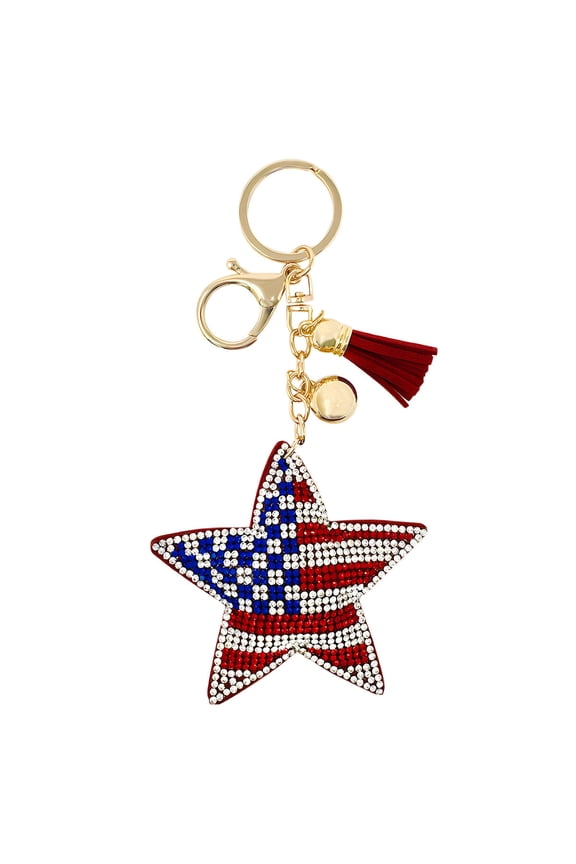 Crystal Bling Key Chain Keyring with Tassel Car Purse Handbag Pendant, US Star