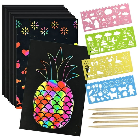 Wrapables DIY Rainbow Magic Scratch Arts Set, 50 Sheet Scratch Art Paper with 4 Stencils and 5 Styluses