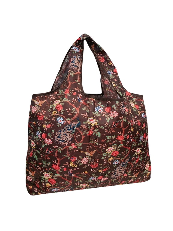 Eco-Friendly Large Nylon Reusable Shopping Bag, Peacocks & Peonies