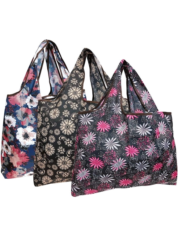Eco-Friendly Large Nylon Reusable Shopping Bags (Set of 3), Bright Floral