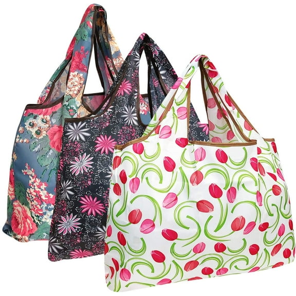 Wrapables Eco-Friendly Large Nylon Reusable Shopping Bags (Set of 3), Floral Delight