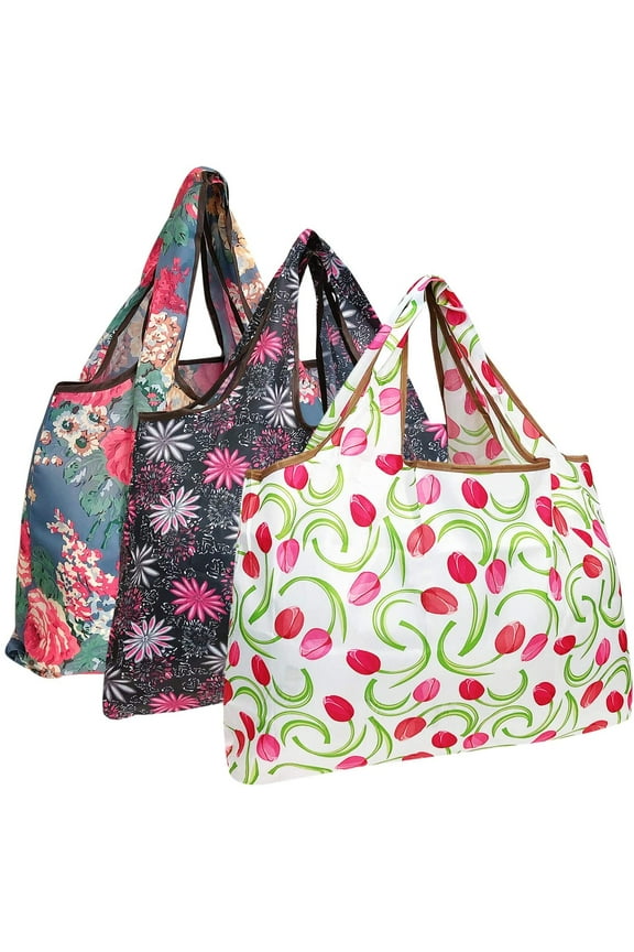 Eco-Friendly Large Nylon Reusable Shopping Bags (Set of 3), Floral Delight