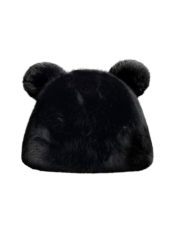 Faux Fur Fluffy Bear Ears Winter Beanie Hat, Black