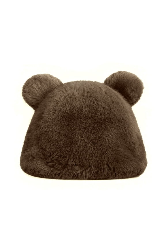 Faux Fur Fluffy Bear Ears Winter Beanie Hat, Brown