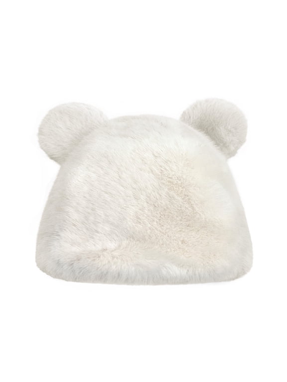 Faux Fur Fluffy Bear Ears Winter Beanie Hat, White