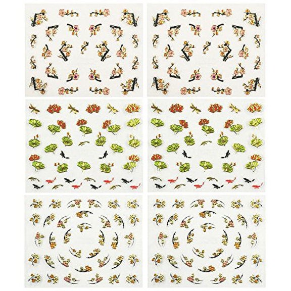 Wrapables Fingernail Stickers Nail Art Nail Stickers Self-Adhesive Nail Stickers 3D Nail Decals - Asian Inspired Lotus, Ginkgo Leaves, Cherry Blossoms & Koi (3 designs/6 sheets)