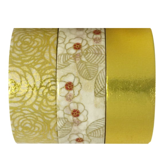 Wrapables Floral Gold Metallic Foil Washi Masking Tape (set of 3), 10M L x 15mm W