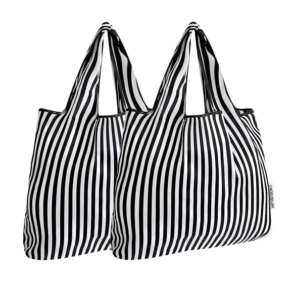 Wrapables Foldable Tote Nylon Reusable Grocery Bag (Set of 2), Black Stripes