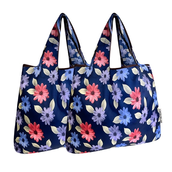 Wrapables Foldable Tote Nylon Reusable Grocery Bag (Set of 2), Colorful Daisies