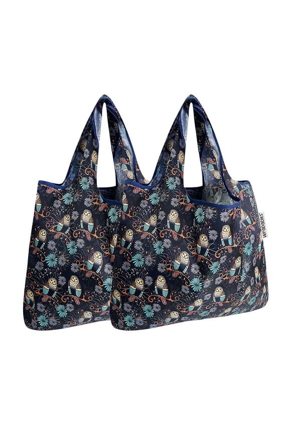Foldable Tote Nylon Reusable Grocery Bag (Set of 2), Deco Owls