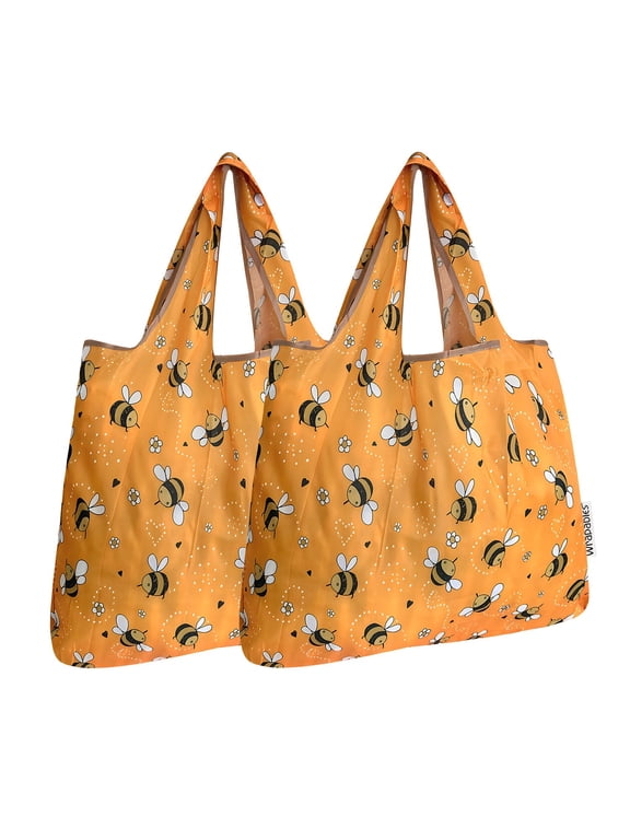 Foldable Tote Nylon Reusable Grocery Bag (Set of 2), Yellow Bees