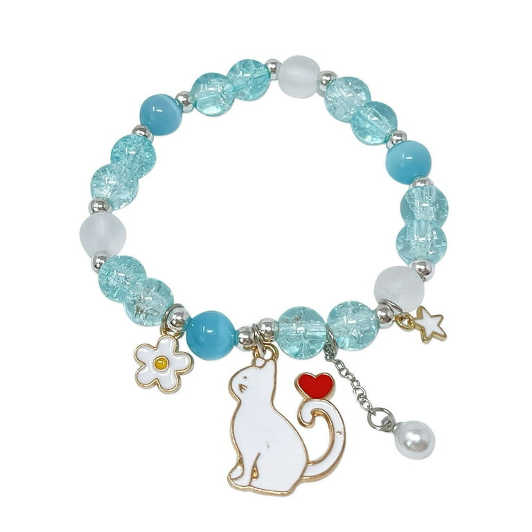 Wrapables Friendship Beaded Enamel Charm Bracelet Blue Daisy Kitty Crystal Beads