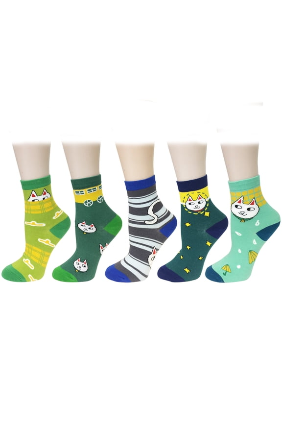 ® Fun Designs Crew Socks for Women (Set of 5), Smiling Cats
