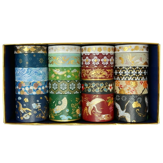 Wrapables Gold Foil Washi Tape in Gift Box Set for DIY Arts & Crafts, Scrapbooking, Diary, Stationery, Card Making, Gift Wrapping (20 Rolls), Dancing Cranes