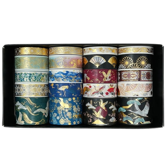 Wrapables Gold Foil Washi Tape in Gift Box Set for DIY Arts & Crafts, Scrapbooking, Diary, Stationery, Card Making, Gift Wrapping (20 Rolls), Festive Cranes
