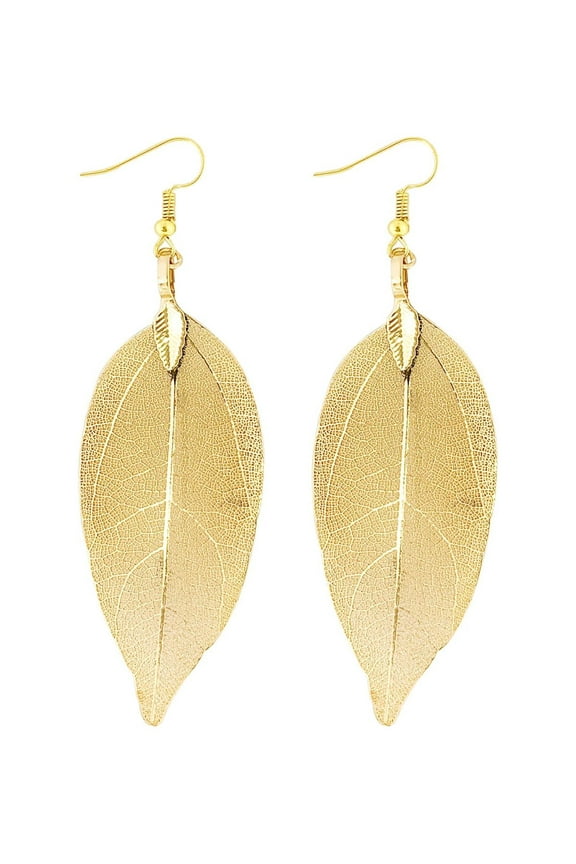 Gold Plated Lightweight Filigree Long Leaf Earrings
