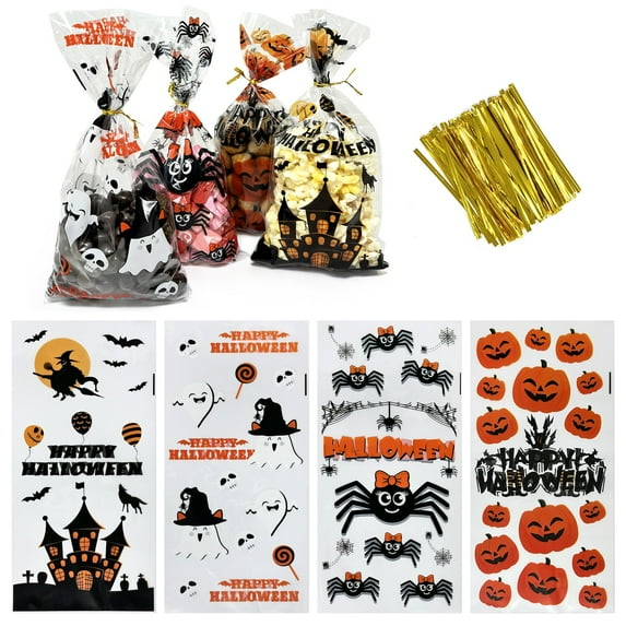 Wrapables Halloween Cellophane Treat Bags With Twist Ties for Candy, Treats, Trick or Treat and Party Favors, Halloween Treat Bags, Halloween Goody Bags, Gift Bags (100pcs), Creepy Critters