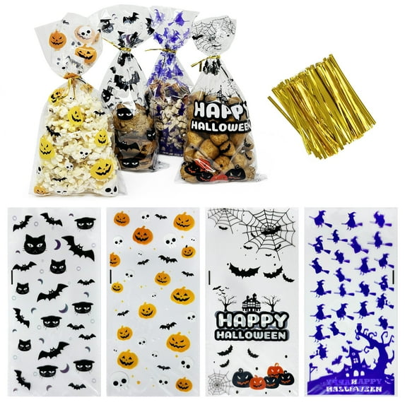 Wrapables Halloween Cellophane Treat Bags With Twist Ties for Candy, Treats, Trick or Treat and Party Favors, Halloween Treat Bags, Halloween Goody Bags, Gift Bags (100pcs), Dark Creatures