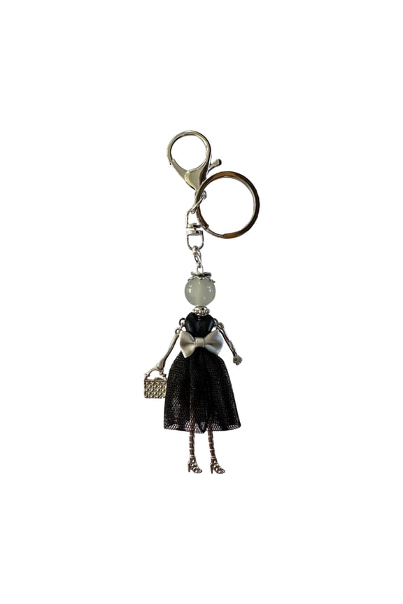 Hanging Fashionista Doll Keychain, Crystal Rhinestone Keyring Bag Charm, Black Bow