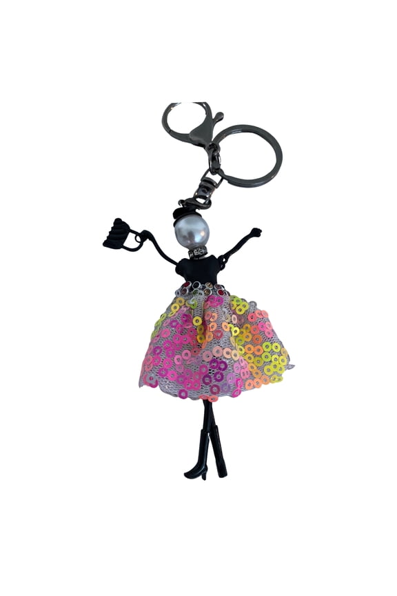 Hanging Fashionista Doll Keychain, Crystal Rhinestone Keyring Bag Charm, Pink & Yellow Sequins