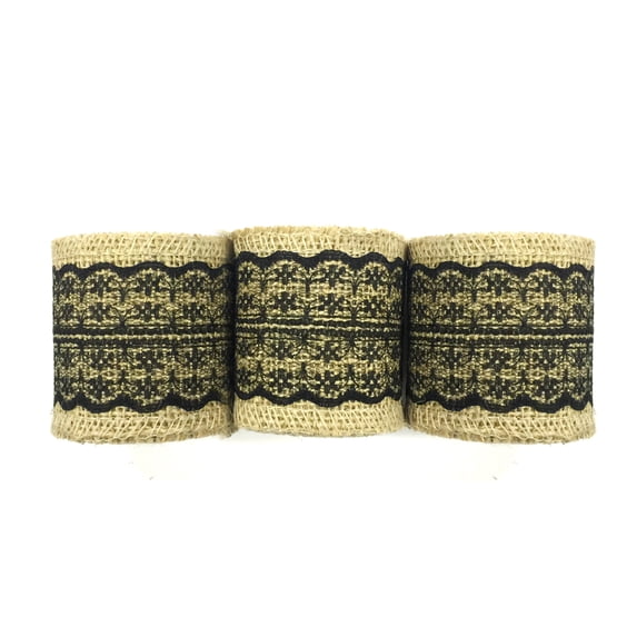 Wrapables® Hessian Burlap with Lace Ribbon 2.5 Inch Width x 2 Yards Length (Set of 3), Black