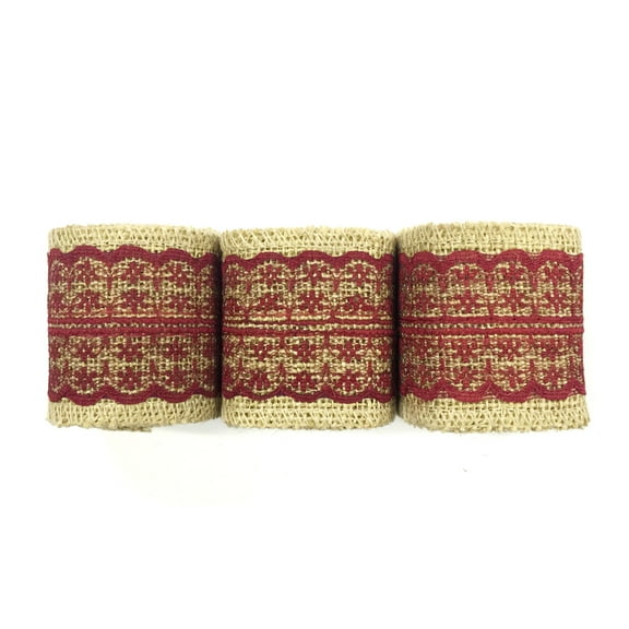 Wrapables® Hessian Burlap with Lace Ribbon 2.5 Inch Width x 2 Yards Length (Set of 3), Burgundy