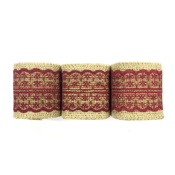 Wrapables® Hessian Burlap with Lace Ribbon 2.5 Inch Width x 2 Yards Length (Set of 3), Burgundy