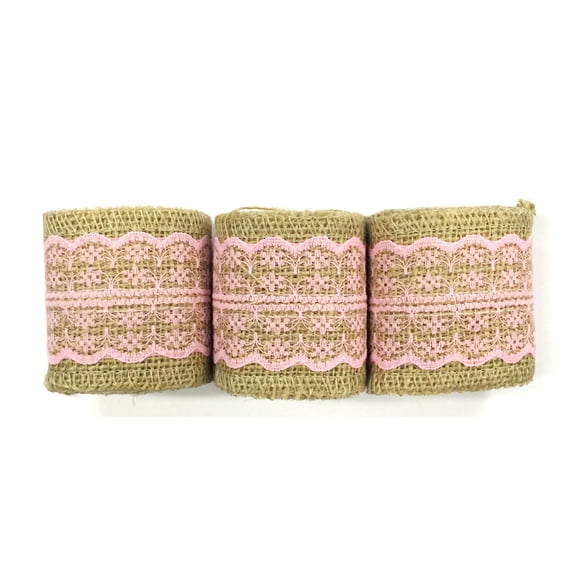Wrapables® Hessian Burlap with Lace Ribbon 2.5 Inch Width x 2 Yards Length (Set of 3), Pink