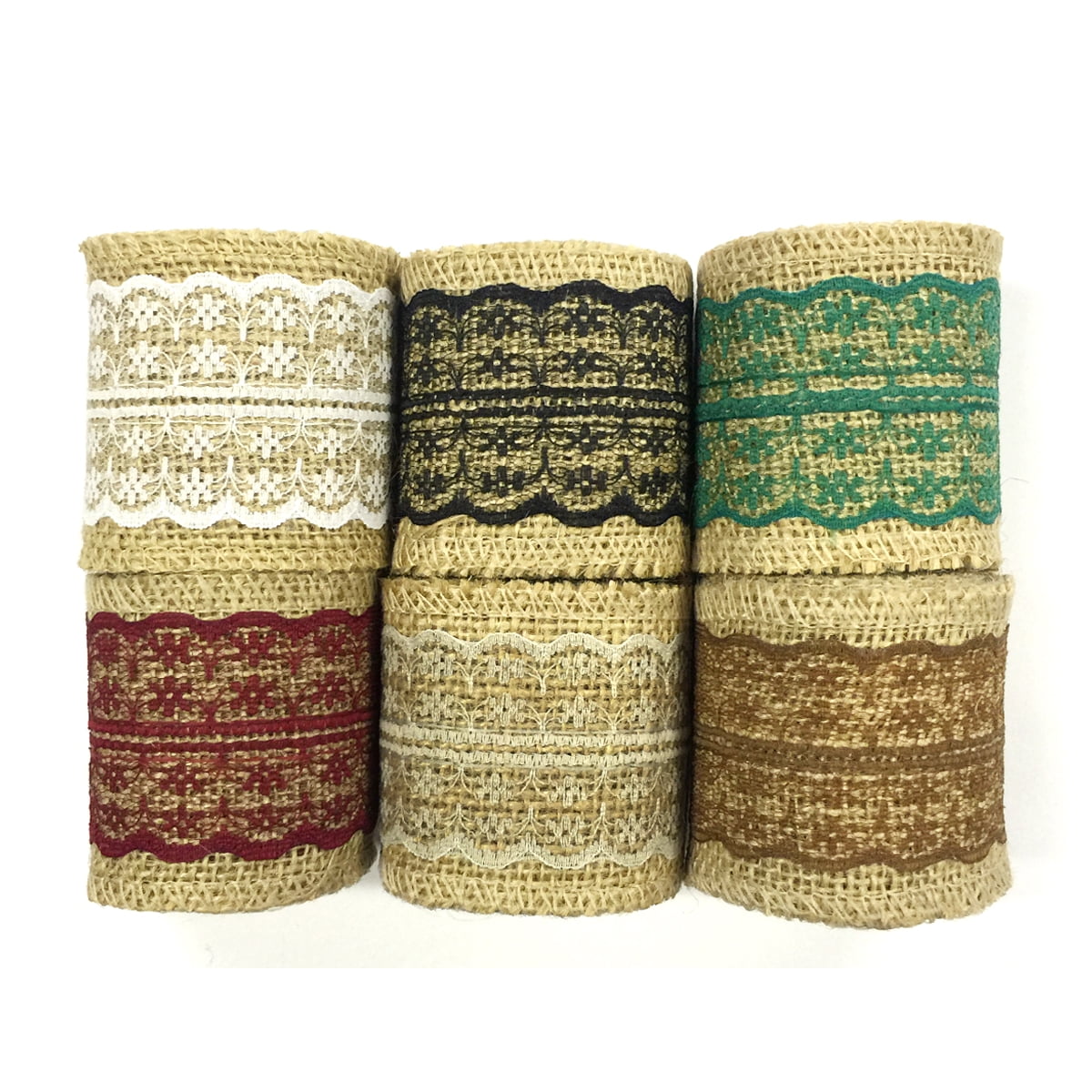 Wrapables® Hessian Burlap with Lace Ribbon 2.5 Inch Width x 2 Yards Length (Set of 6), Black/Burgundy/Green/Brown/White/Gray