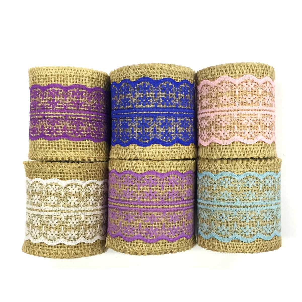 Wrapables® Hessian Burlap with Lace Ribbon 2.5 Inch Width x 2 Yards Length (Set of 6), Pink/Lavender/Purple/Sky Blue/Blue/White
