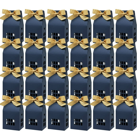 Wrapables House Shaped Gift Boxes with Ribbons for Weddings, Housewarming, Cookies, Candies, Treats, Party Favors (Set of 24), Blue