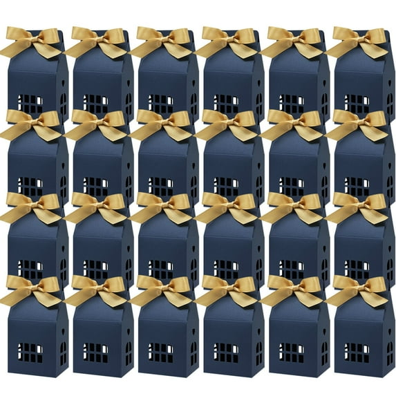 Wrapables House Shaped Gift Boxes with Ribbons for Weddings, Housewarming, Cookies, Candies, Treats, Party Favors (Set of 24), Blue