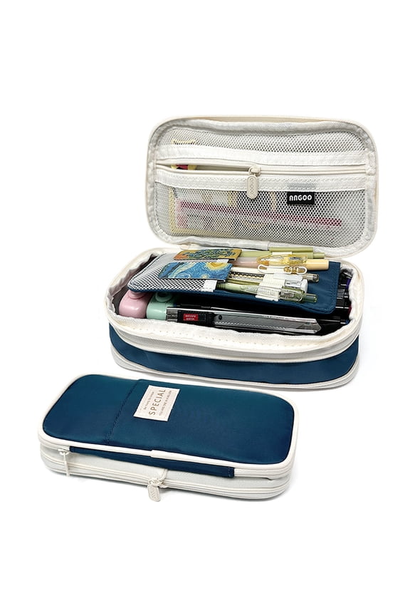 Large Capacity Pencil Case, Expandable Pencil Pouch for Stationery Tools, Navy