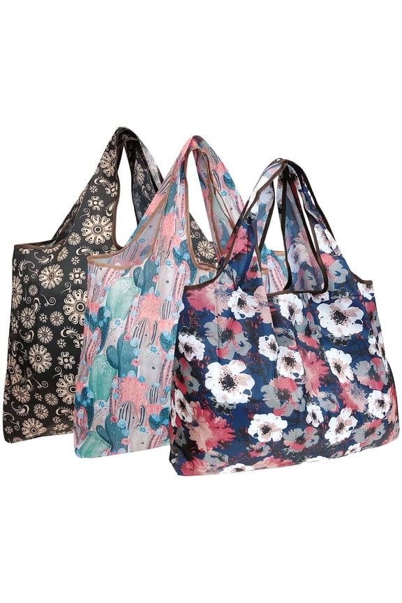 Large Foldable Tote Nylon Reusable Grocery Bag, 3 Pack, Cacti, Floral, Poppies