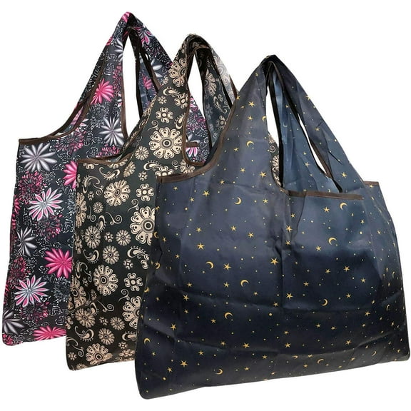 Wrapables Large Foldable Tote Nylon Reusable Grocery Bag, 3 Pack, Midnight Madness